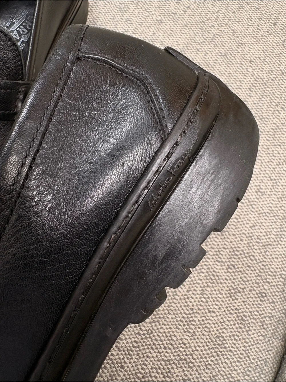 SALVATORE FERRAGAMO Men's Black Leather Slip-On Loafers with Buckle Detail